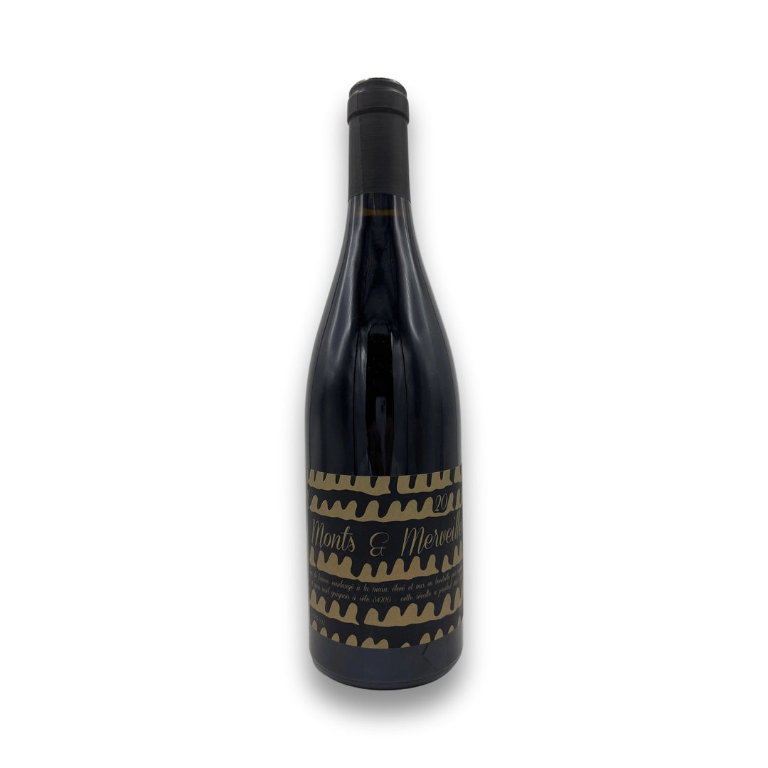 Mylene Bru Monts &amp; Merveilles 2020 Syrah red wine bottle with black label and gold text