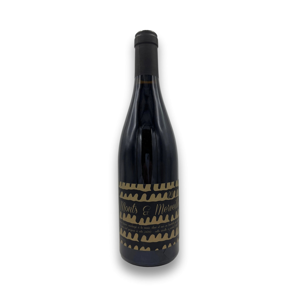 Mylene Bru Monts & Merveilles 2020 Syrah red wine bottle with black label and gold text