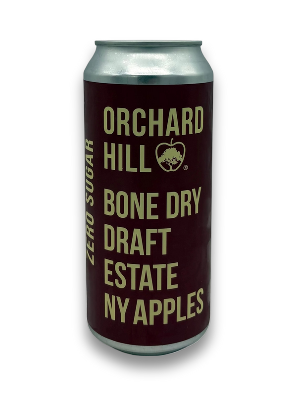 Orchard Hill Bone Dry Cider can with zero sugar, NY apples, draft estate style