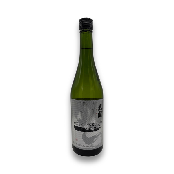 Green sake bottle with a label on a white background