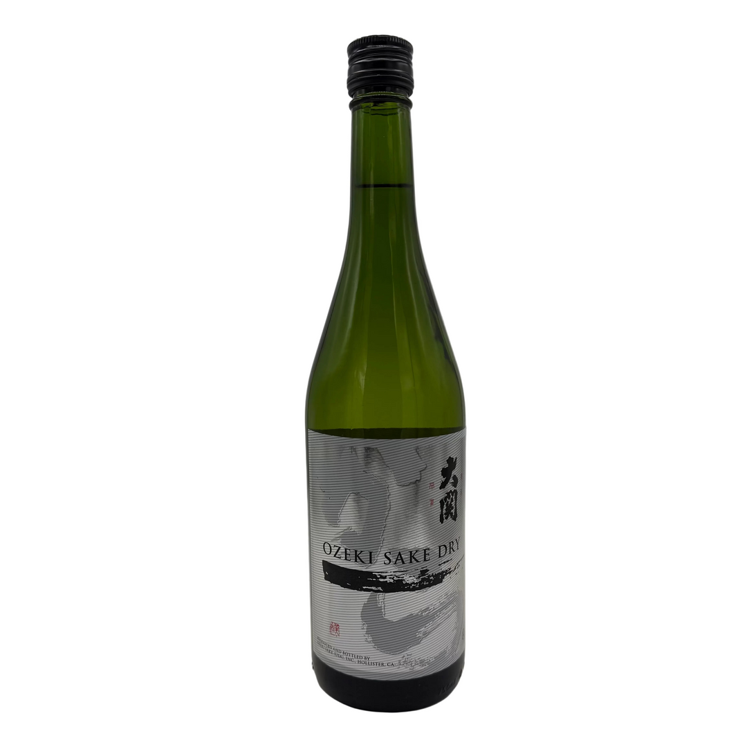 Green sake bottle with a label on a white background