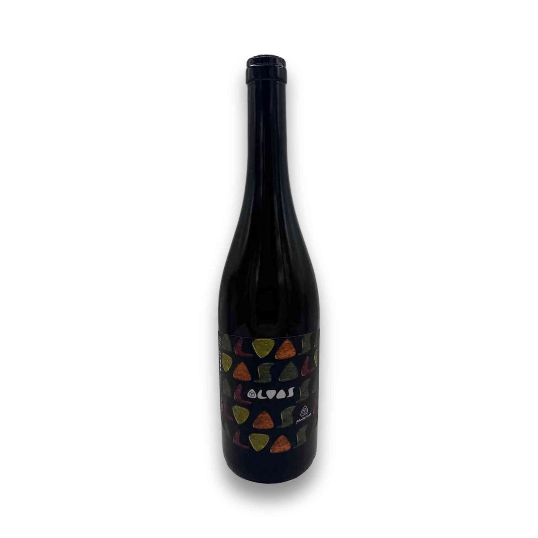 Wine bottle with colorful shapes on the label on a white background