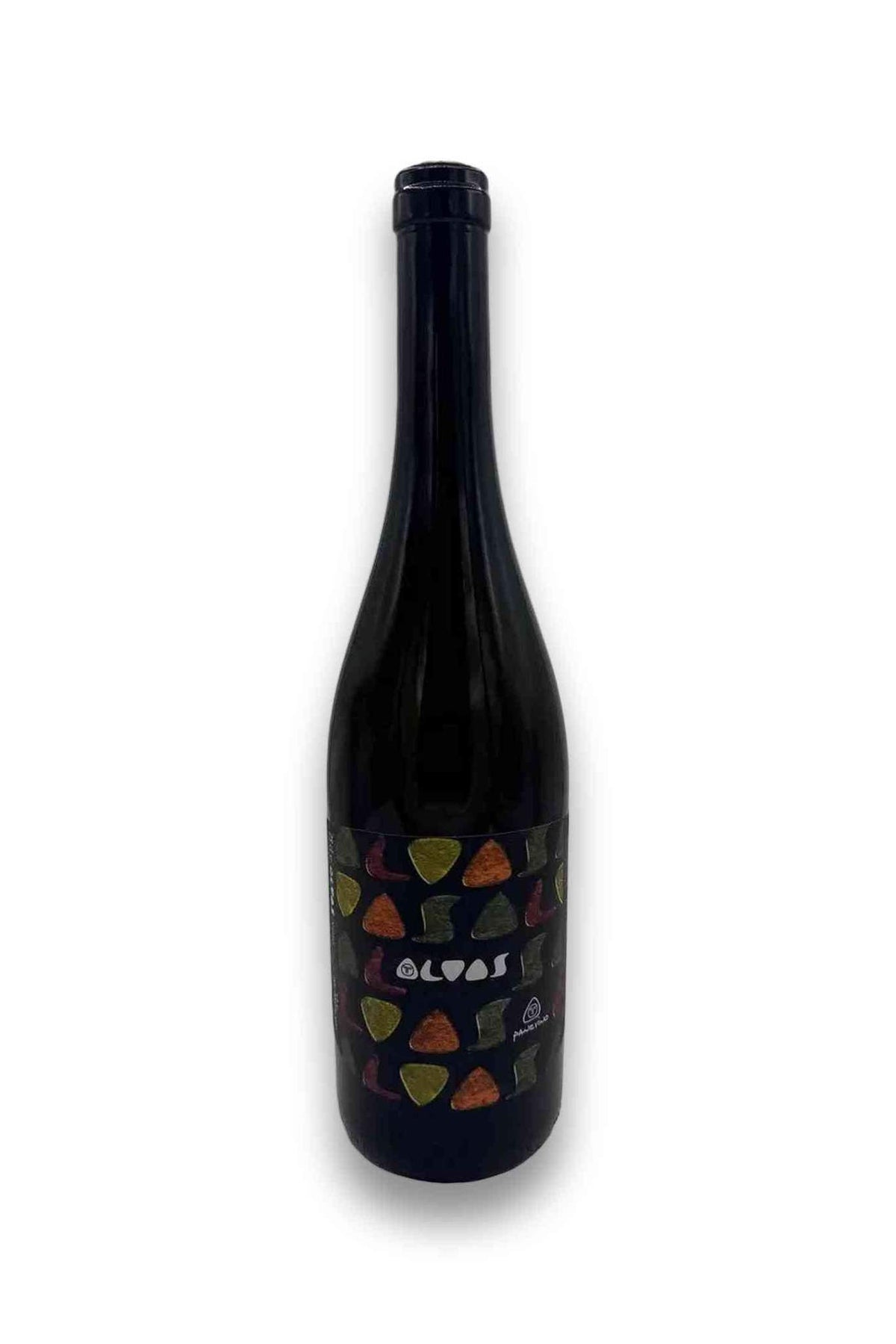 Wine bottle with colorful shapes on the label on a white background