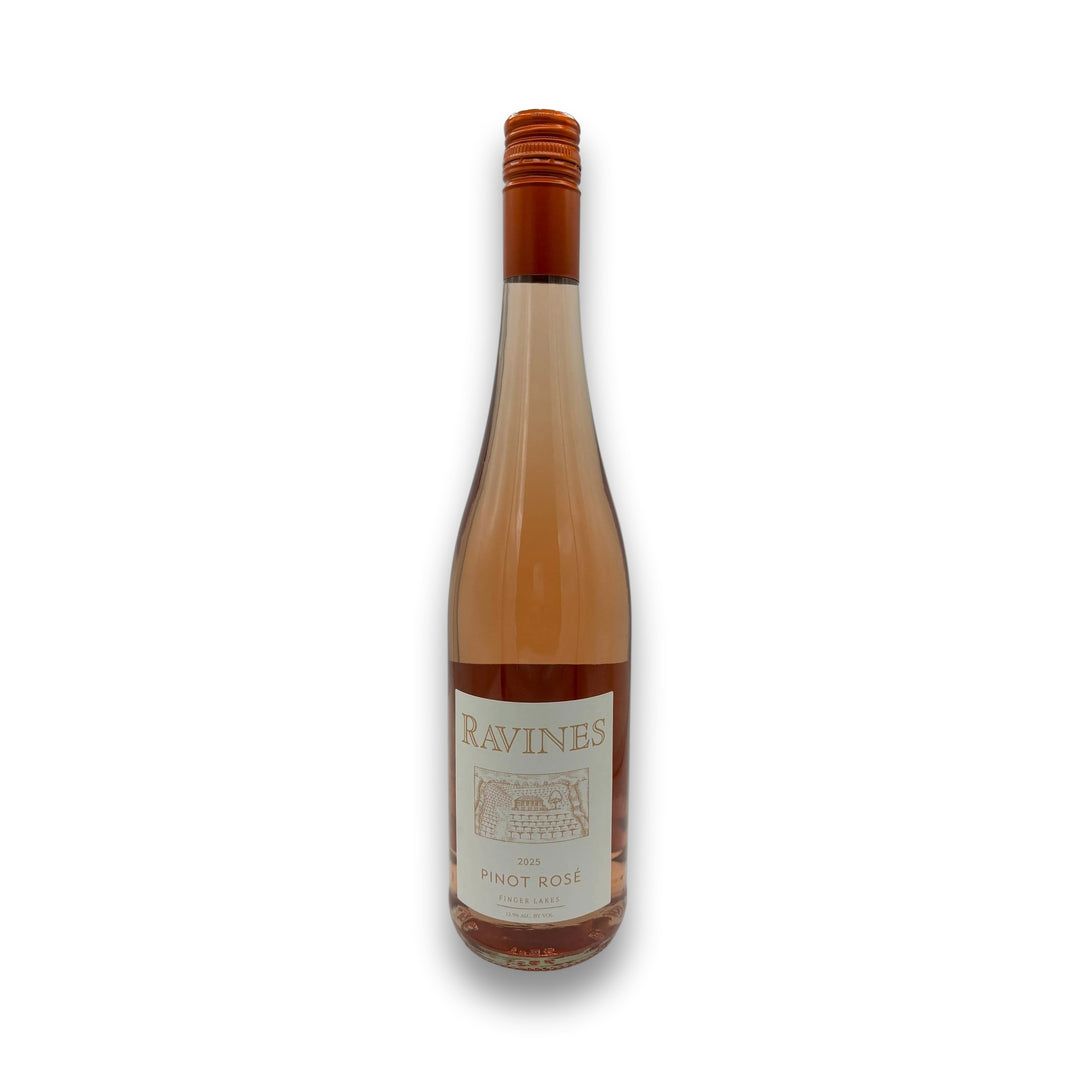 Ravines Pinot Rosé 2025 Finger Lakes wine bottle with white label and copper foil