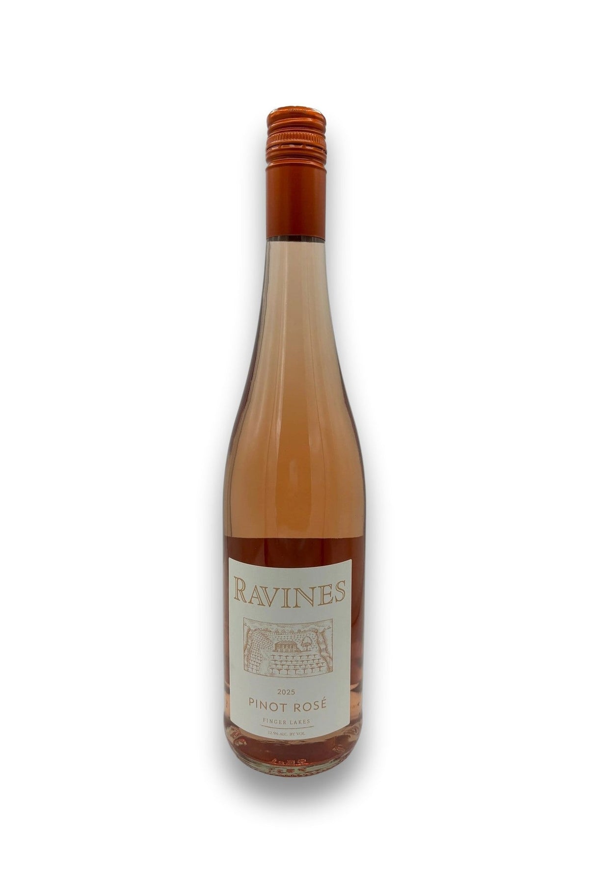 Ravines Pinot Rosé 2025 Finger Lakes wine bottle with white label and copper foil