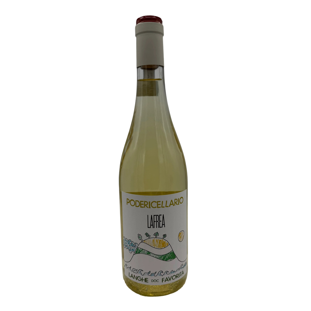 Bottle of white wine with a label containing an illustration of a hill on a white background