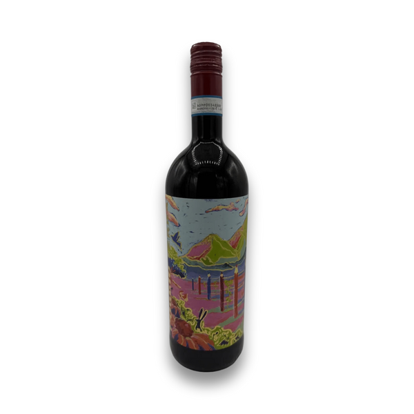 Poggio Terra Barbera 2023 red wine bottle with landscape label art