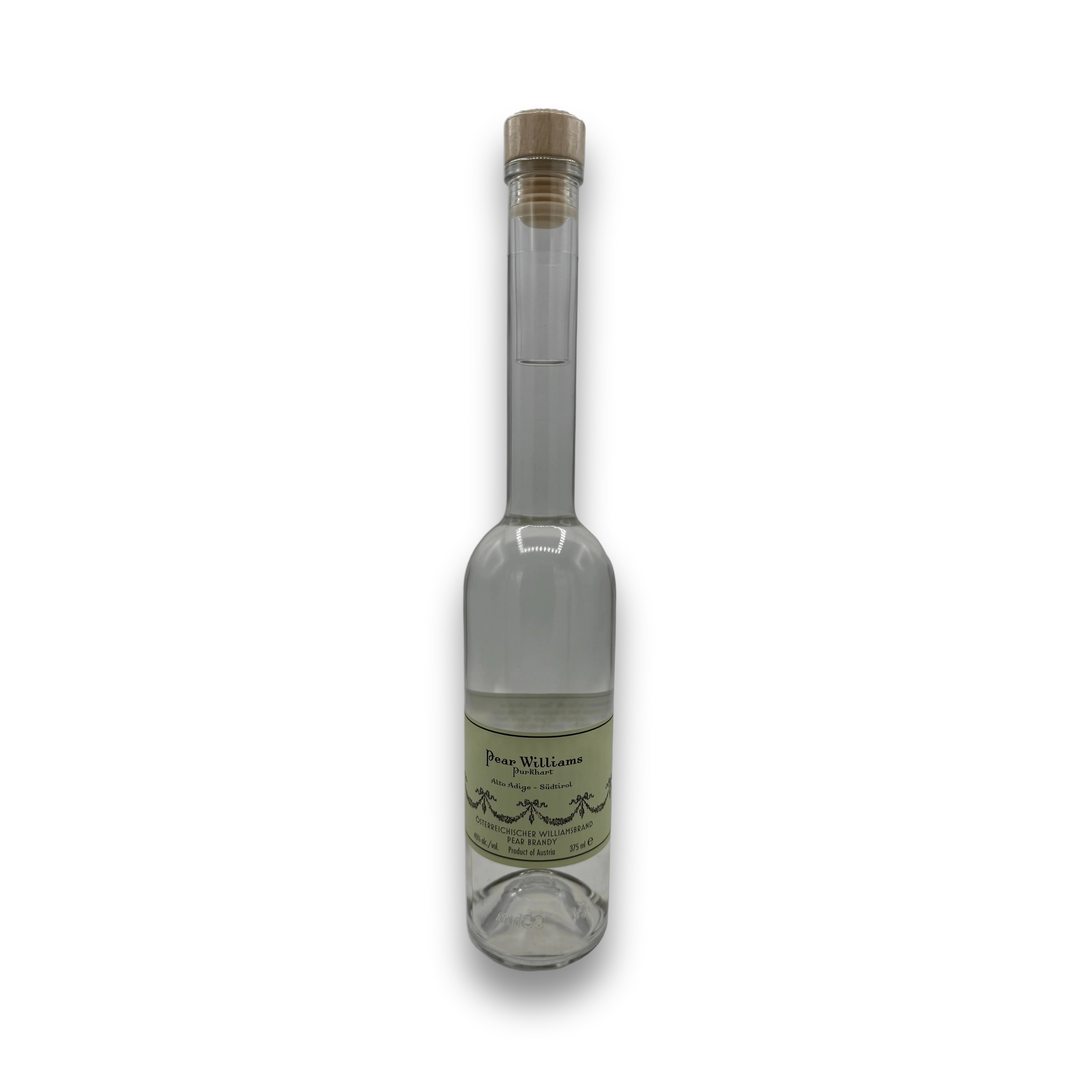 Purkhart Pear Williams Eau-de-Vie Austrian pear brandy in clear glass bottle with cork stopper