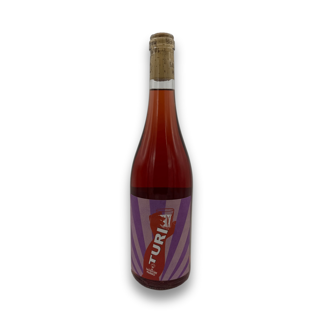 Salvatore Marino Turi Rosato 2025 Sicilian Syrah rose wine in biodynamic glass bottle with purple striped label