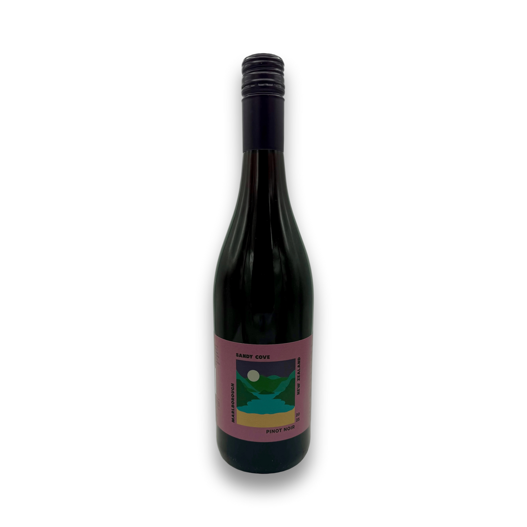 Sandy Cove Pinot Noir 2025 organic red wine bottle with matte pink label and Marlborough New Zealand design