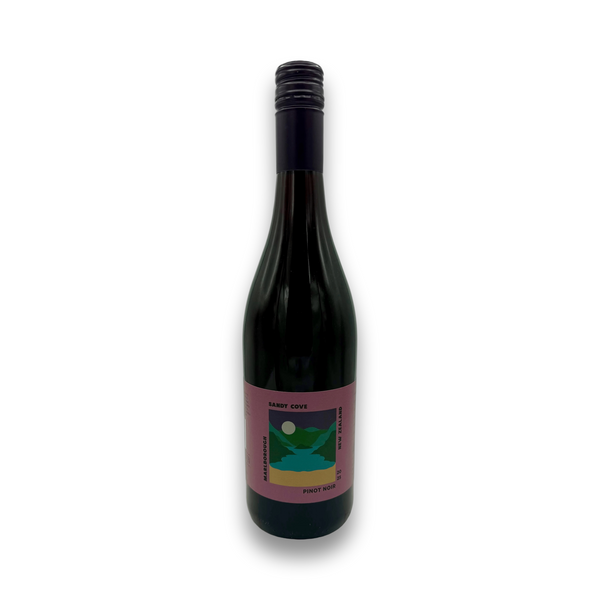 Sandy Cove Pinot Noir 2025 organic red wine bottle with matte pink label and Marlborough New Zealand design