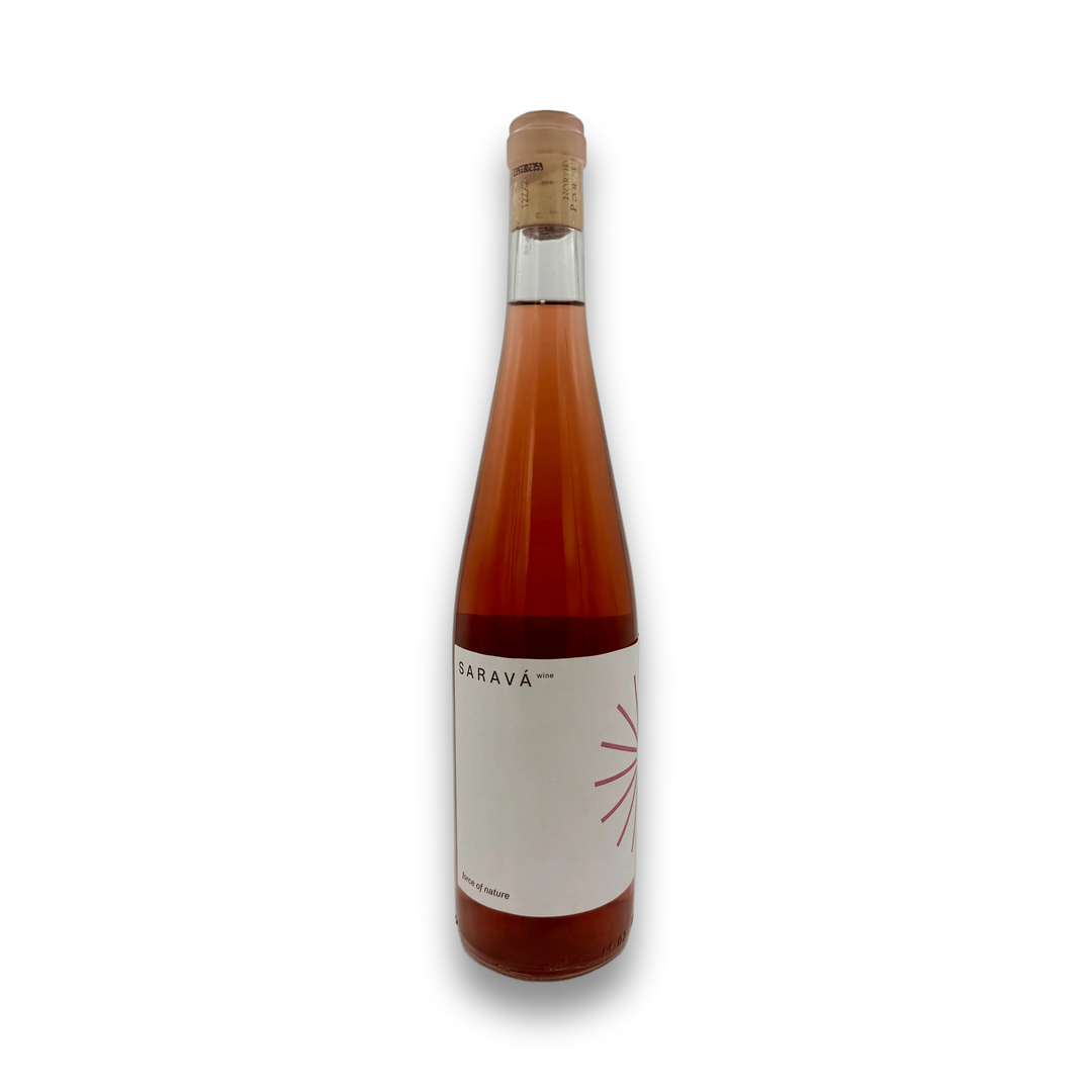 Sarava Vinho Rose 2024 bottle, Portuguese Loureiro wine from Vinho Verde with white label and pink sunburst design