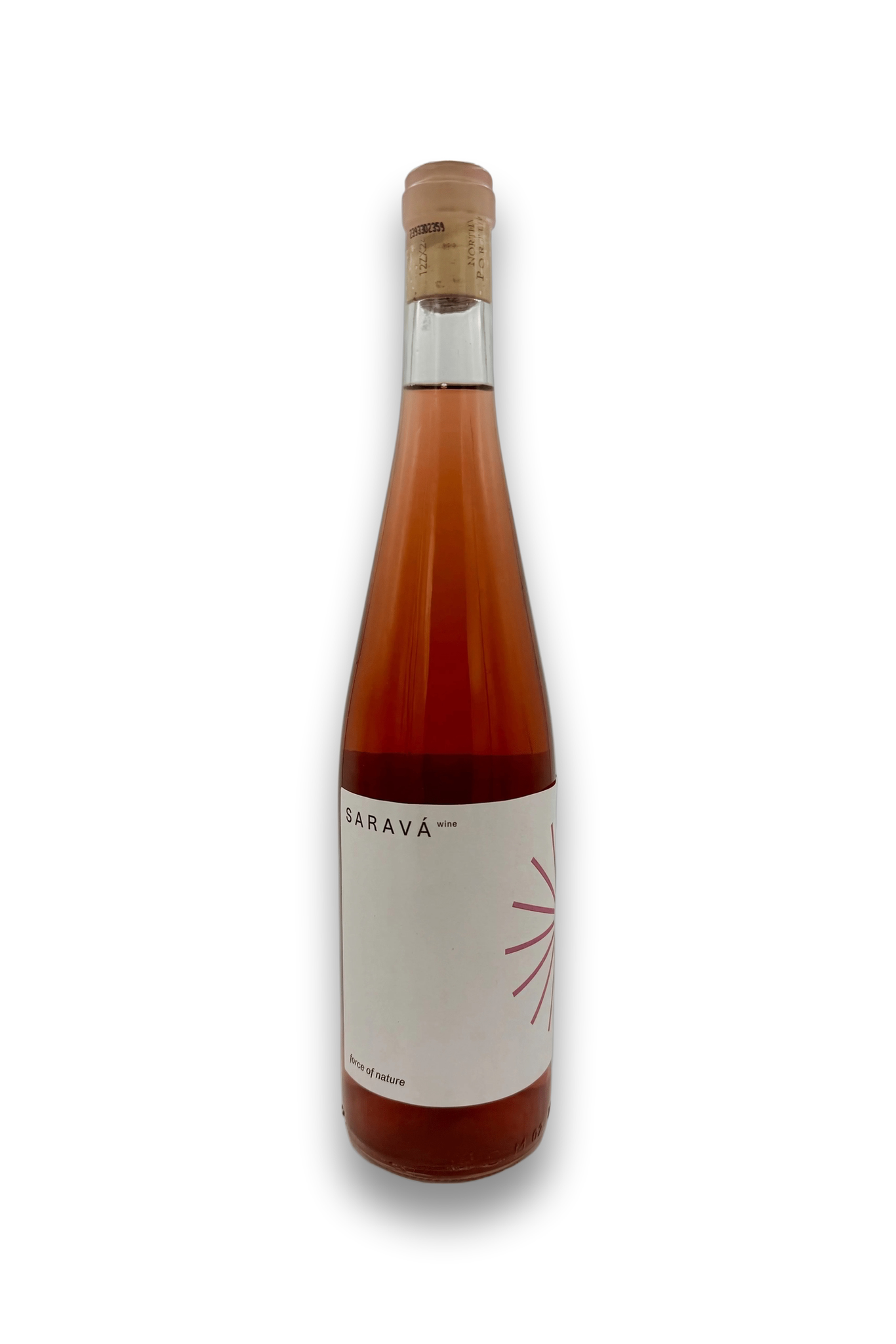 Sarava Vinho Rose 2024 bottle, Portuguese Loureiro wine from Vinho Verde with white label and pink sunburst design