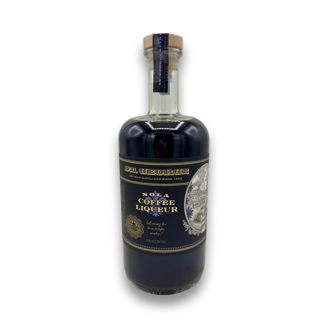 St. George NOLA Coffee Liqueur 750ml bottle with black label, gold accents, and fleur-de-lis design