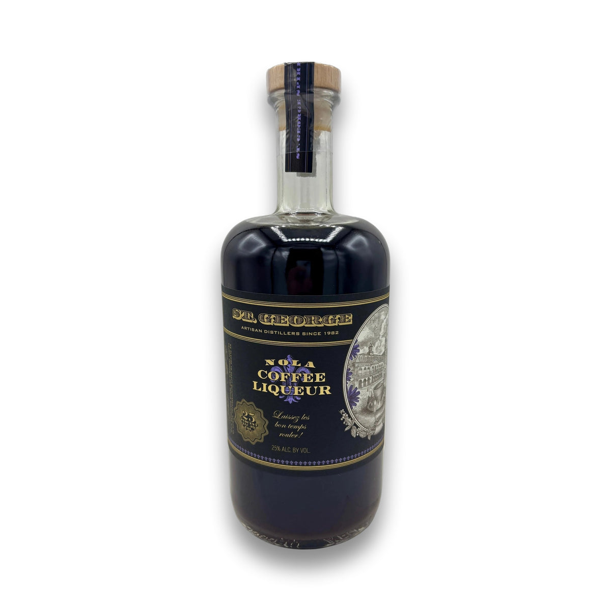 St. George NOLA Coffee Liqueur 750ml bottle with black label, gold accents, and fleur-de-lis design