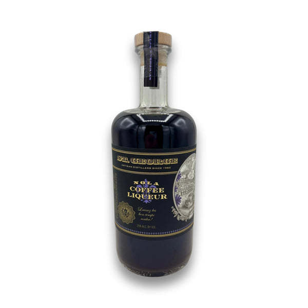 St. George NOLA Coffee Liqueur 750ml bottle with black label, gold accents, and fleur-de-lis design