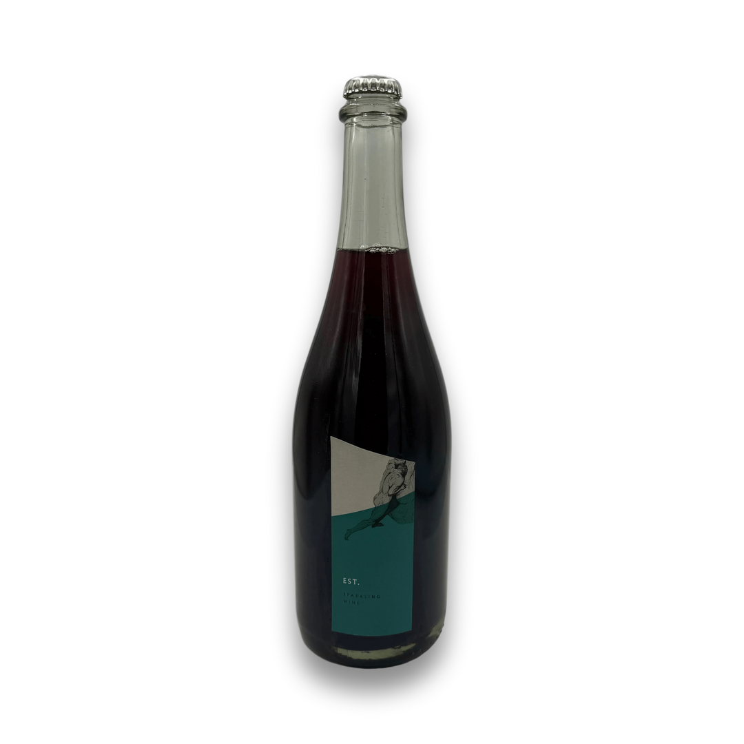 Statera Cellars EST Sparkling Red NV Pinot Noir bottle with diagonal gray and teal label