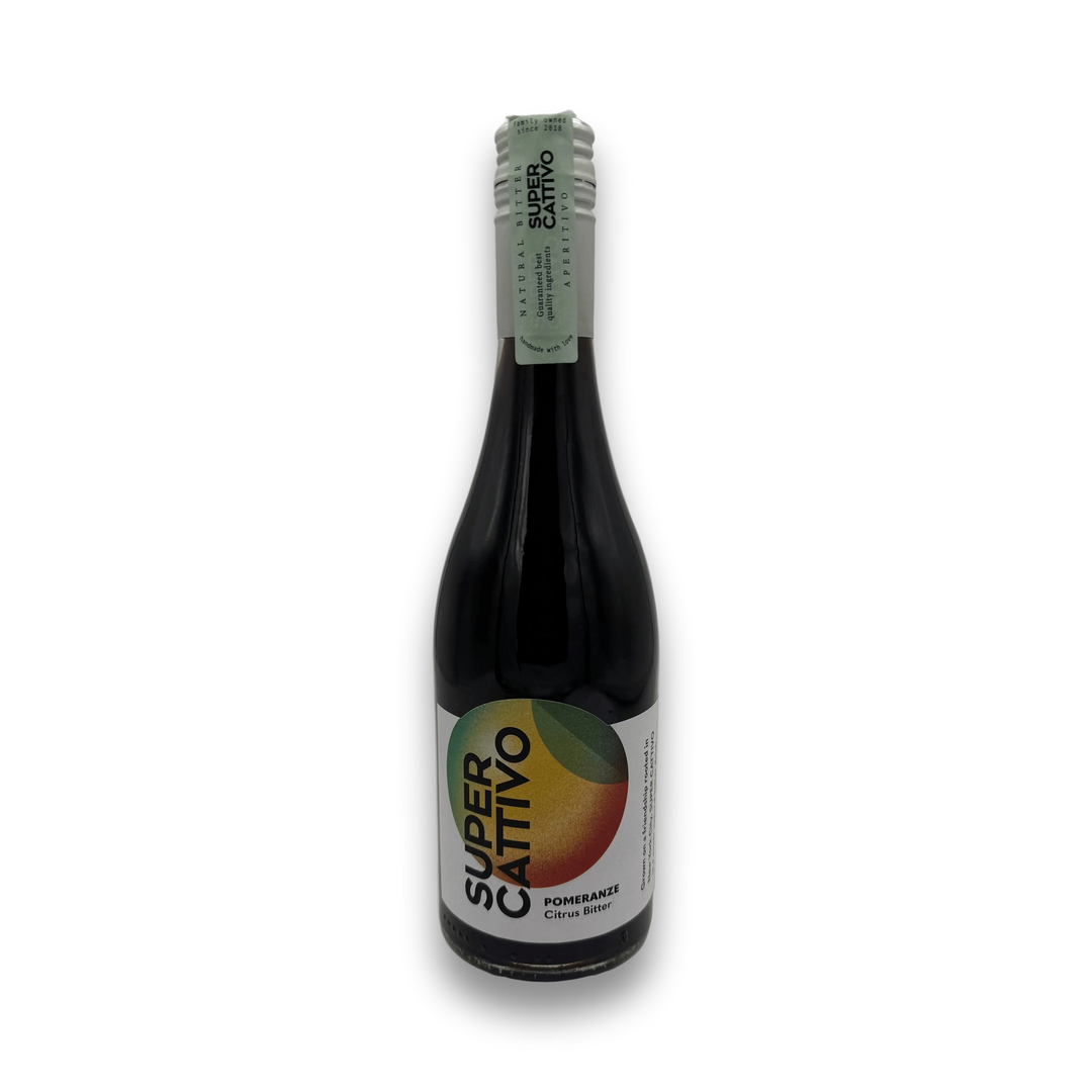 Super Cattivo Pomeranze bitter aperitivo in dark glass bottle with citrus label