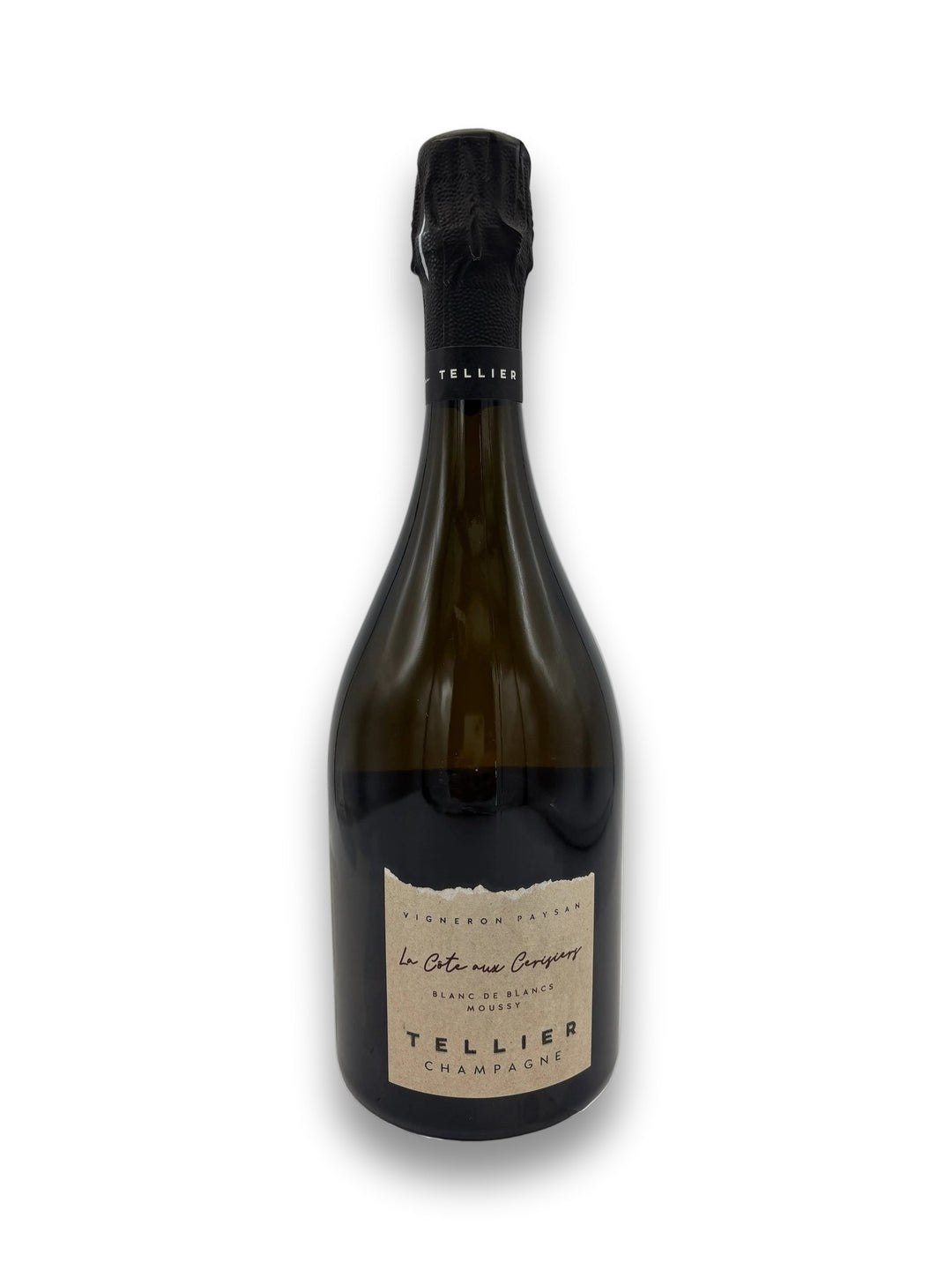 Tellier La Cote Aux Cerisiers Blanc de Blancs Champagne bottle with beige label and black foil
