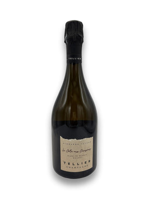 Tellier La Cote Aux Cerisiers Blanc de Blancs Champagne bottle with beige label and black foil