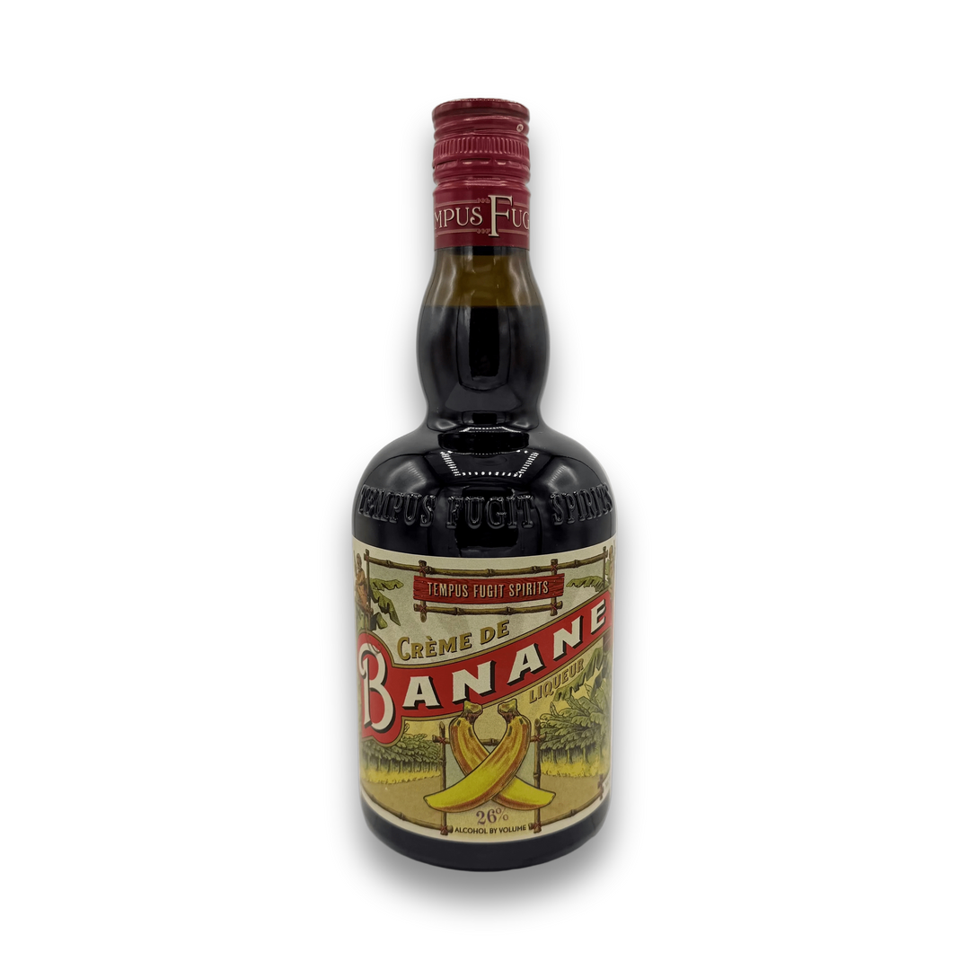 Tempus Fugit Creme de Banane liqueur bottle with rustic cream label and banana illustration