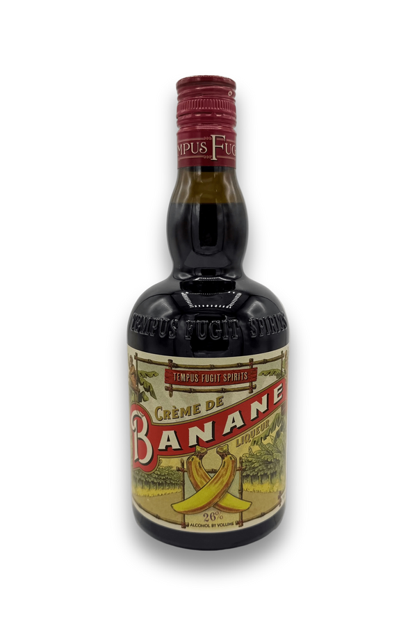 Tempus Fugit Creme de Banane liqueur bottle with rustic cream label and banana illustration