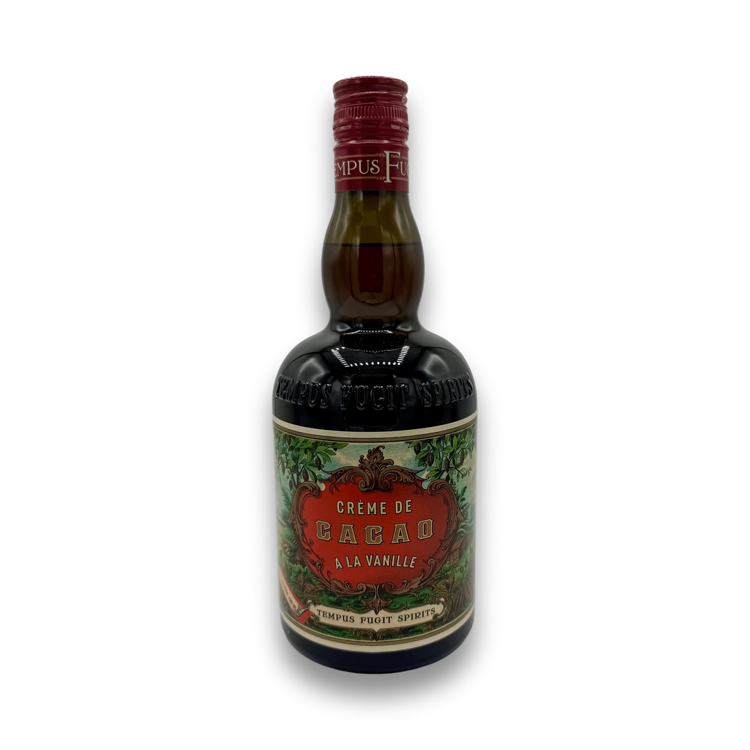 Tempus Fugit Creme de Cacao a la Vanille 750ML bottle with ornate green label and red foil cap