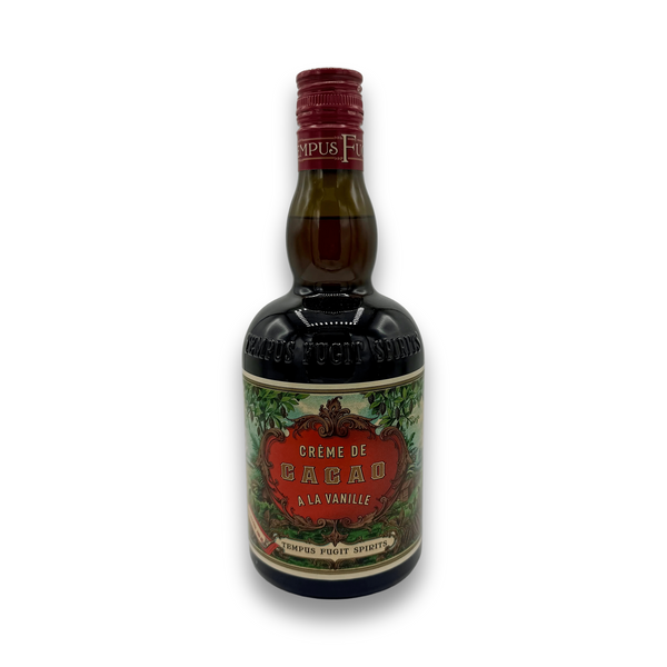 Tempus Fugit Creme de Cacao a la Vanille 750ML bottle with ornate green label and red foil cap