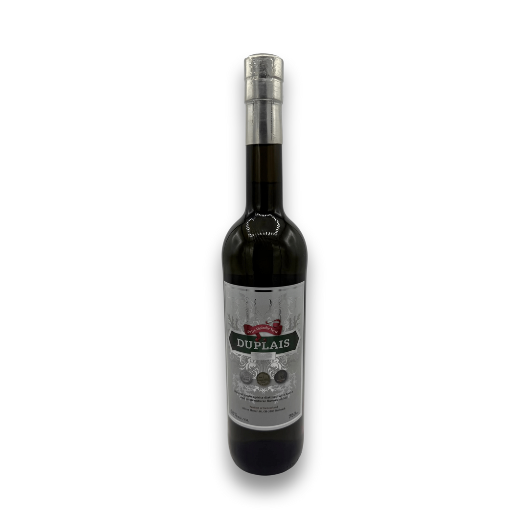 Tempus Fugit Duplais Verte Absinthe 750mL dark green glass bottle with silver foil neck and ornate label