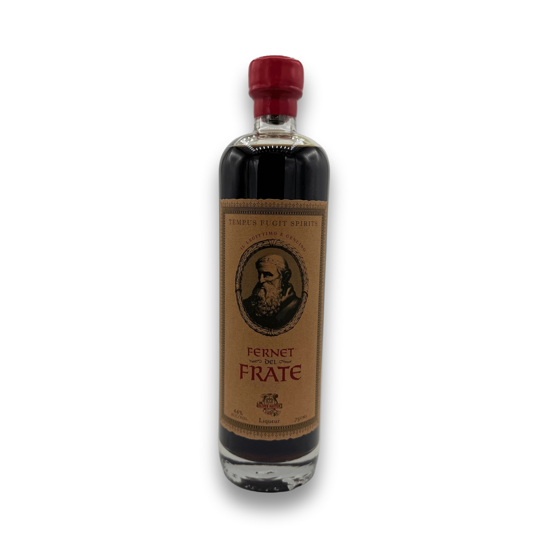 Tempus Fugit Fernet Del Frate 750ML dark brown liqueur bottle with tan label and red cap