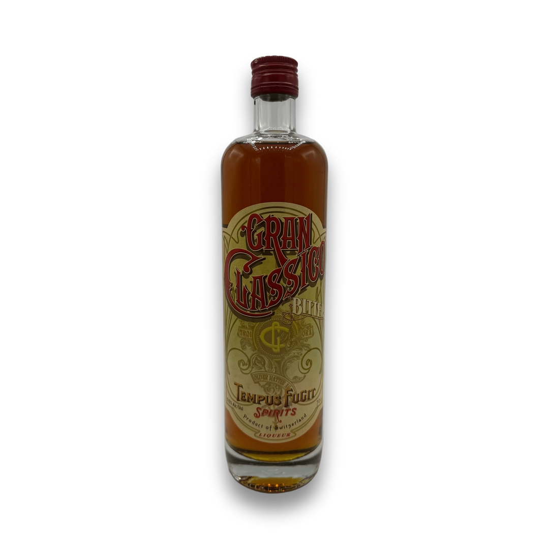 Tempus Fugit Gran Classico Swiss liqueur bottle with amber liquid and vintage cream label