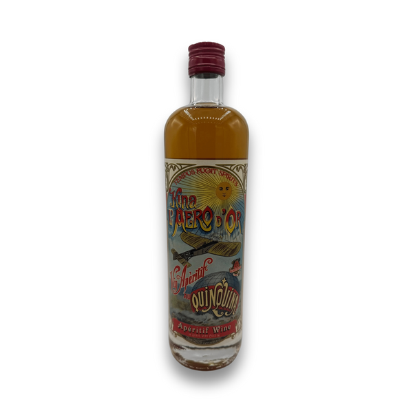 Tempus Fugit Kina L'Aero D'Or amber aperitif wine bottle with vintage biplane label