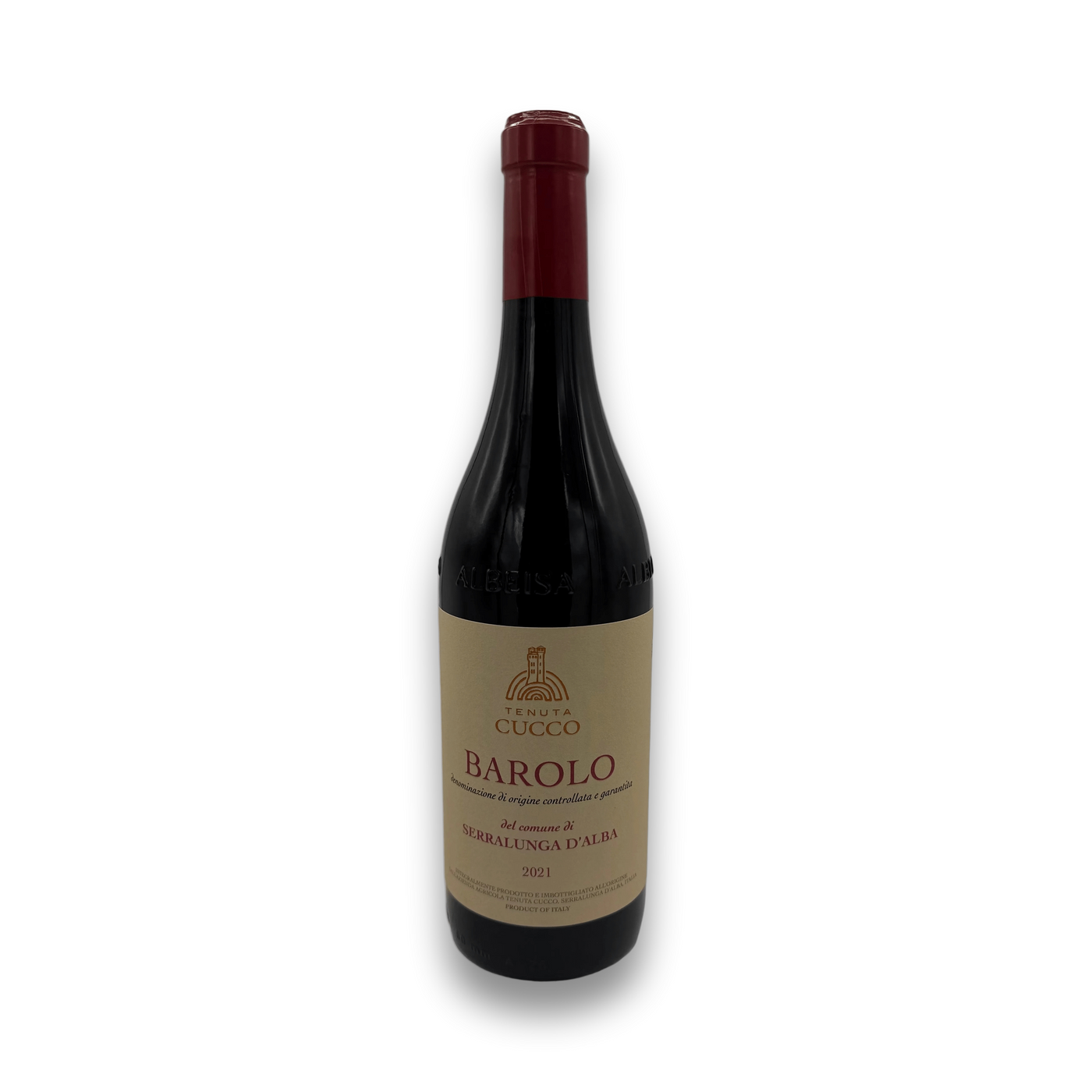 Tenuta Cucco Barolo Serralunga d'Alba 2021 red wine bottle with beige label and burgundy foil