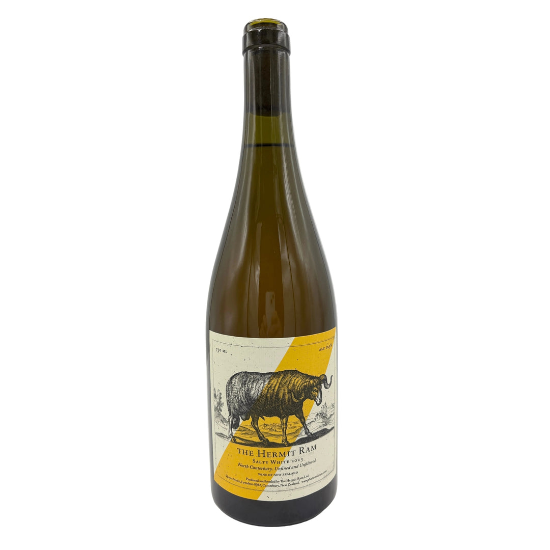 Bottle of The Hermit Ram Salty White, a New Zealand natural white wine with a rustic ram logo and minimalist label design