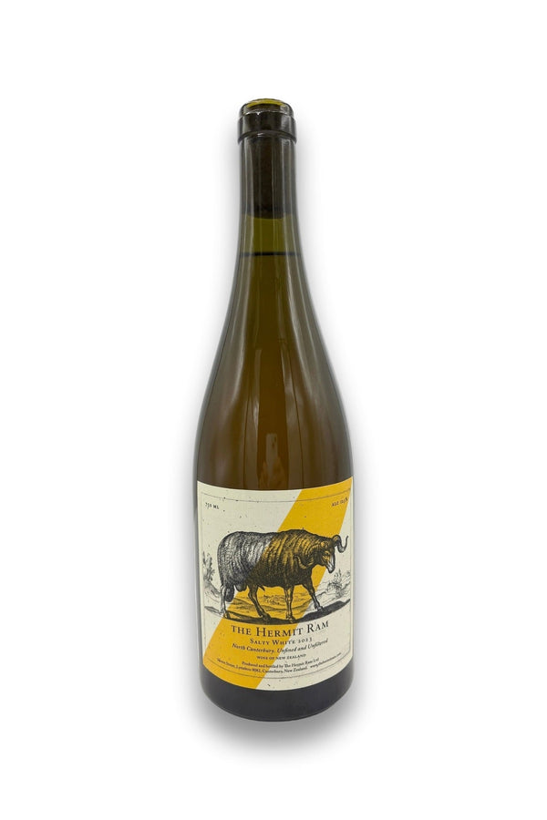 Bottle of The Hermit Ram Salty White, a New Zealand natural white wine with a rustic ram logo and minimalist label design