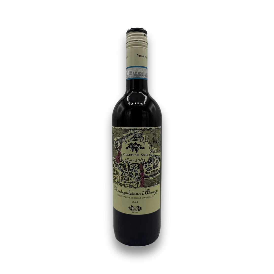 Vigneti del Sole Montepulciano d'Abruzzo 2024 red wine bottle with cream label and vineyard illustration