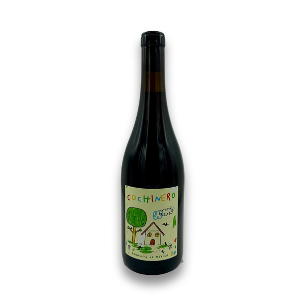 Vino Figura Cochinero 2024 Grenache wine bottle with cream label featuring hand-drawn tree and house illustrations