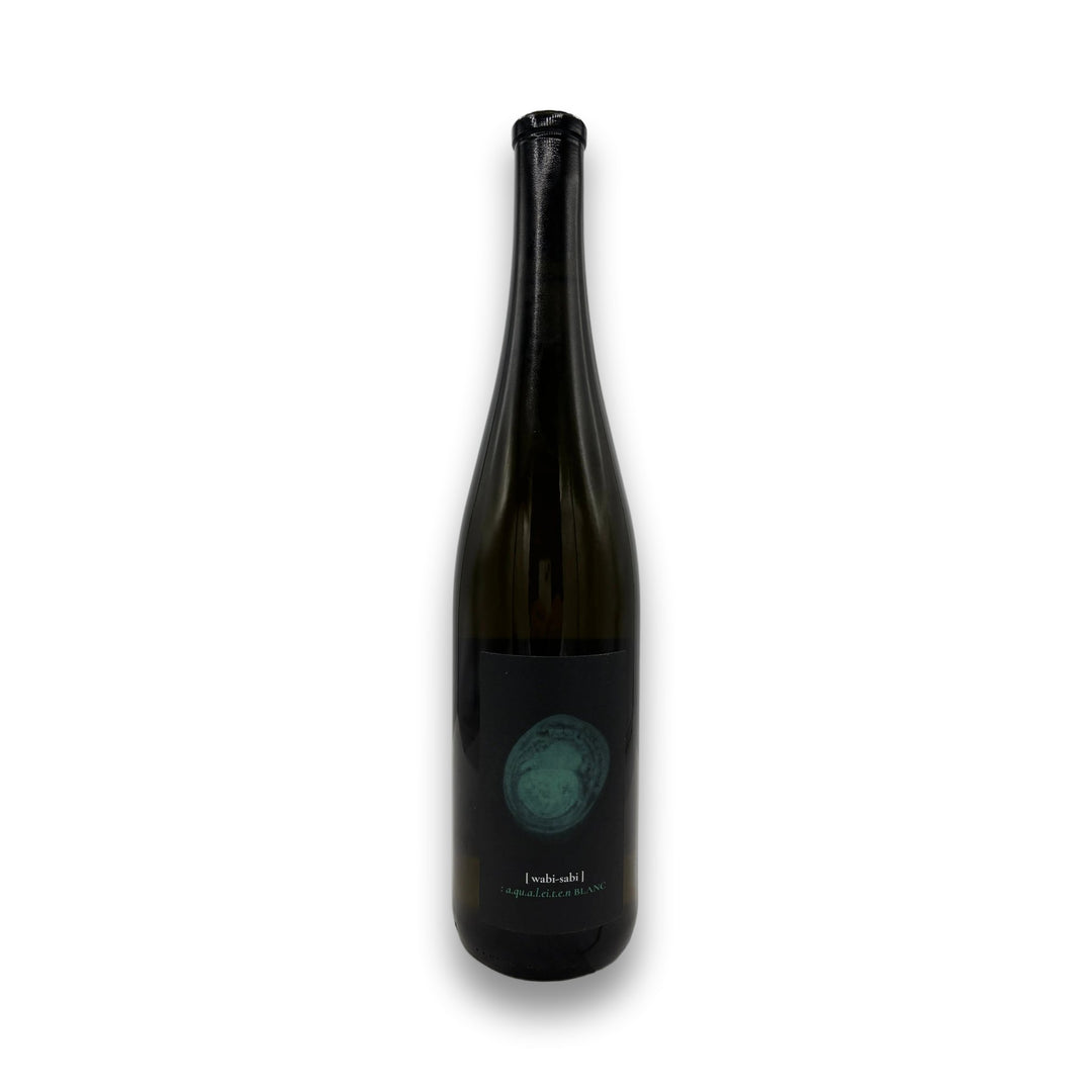 Wabi Sabi a.qu.a.l.e.i.t.en Blanc 2022 Austrian Riesling white wine bottle with matte black label and teal spiral design