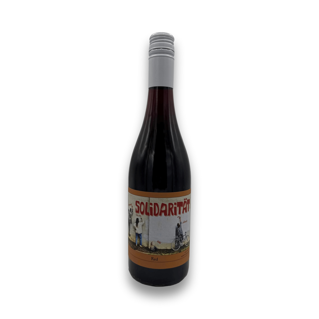 Weninger Solidaritat Red 2024 Austrian Blaufrankisch wine bottle with sepia label art