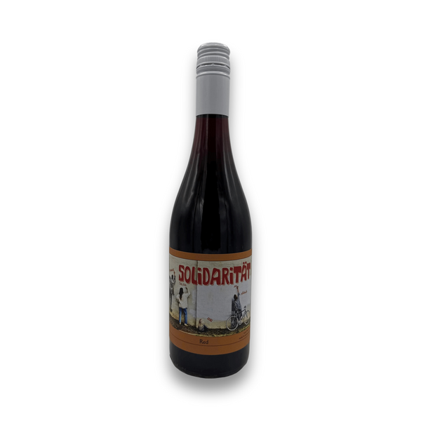 Weninger Solidaritat Red 2024 Austrian Blaufrankisch wine bottle with sepia label art