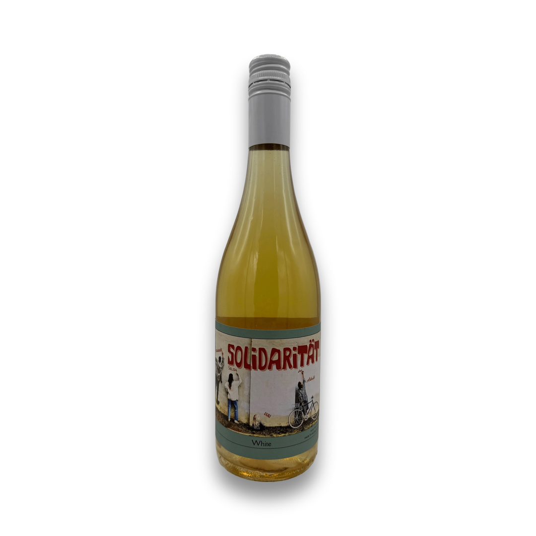 Weninger Solidaritat 2024 white wine bottle with illustrated label and teal bands