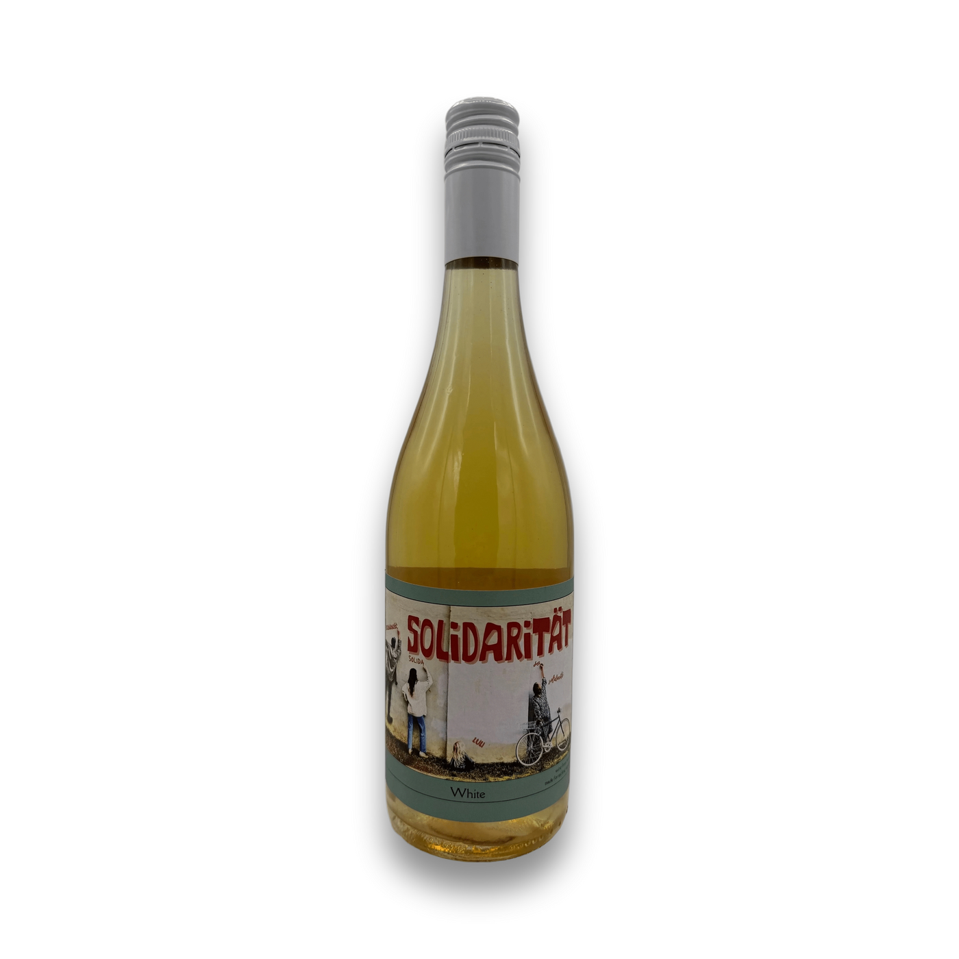 Weninger Solidaritat 2024 white wine bottle with illustrated label and teal bands