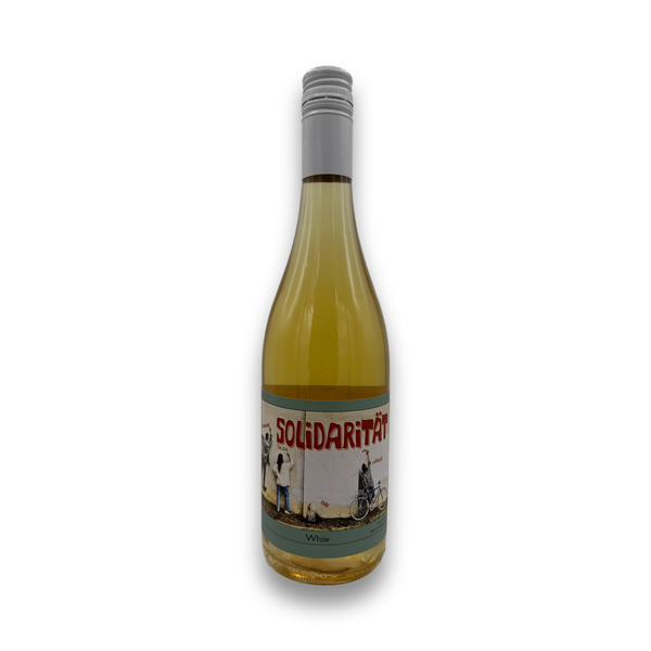 Weninger Solidaritat 2024 white wine bottle with illustrated label and teal bands