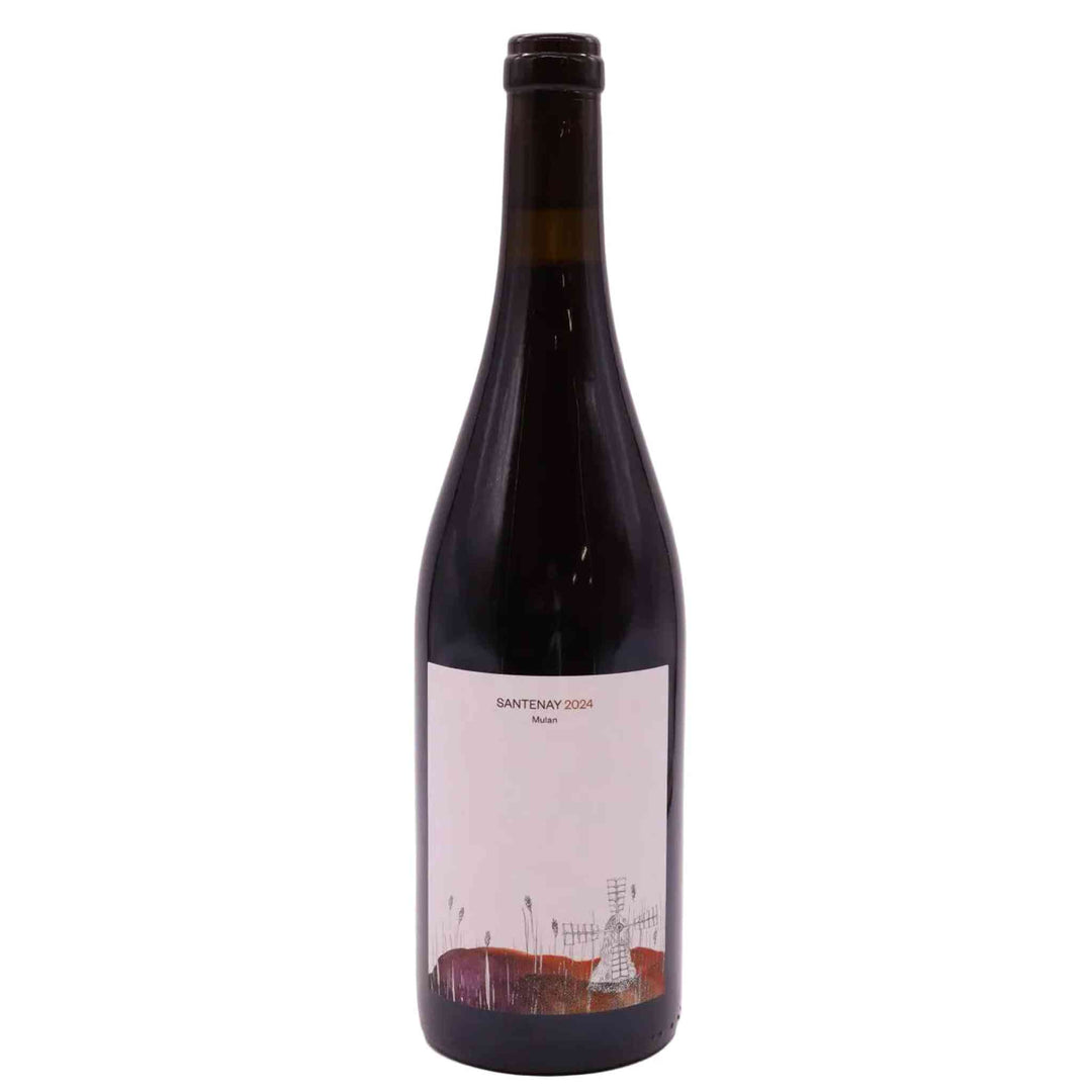 Wine bottle with a label depicting a drawing of a windmill on top of colorful fields on a white background