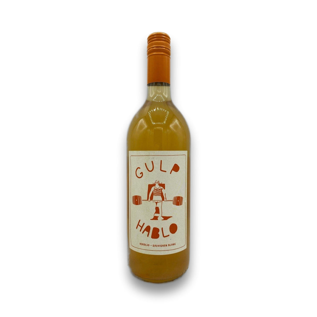 Orange Wine bottle with a label reading 'Gulp Hablo' on a white background