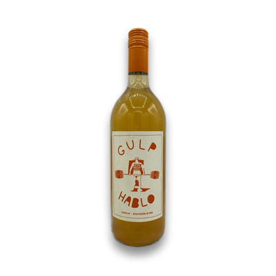 Orange Wine bottle with a label reading 'Gulp Hablo' on a white background
