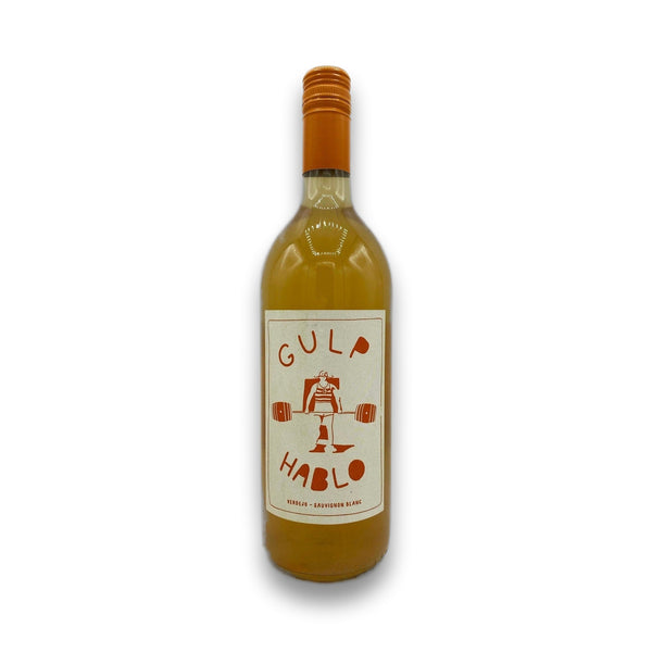 Orange Wine bottle with a label reading 'Gulp Hablo' on a white background