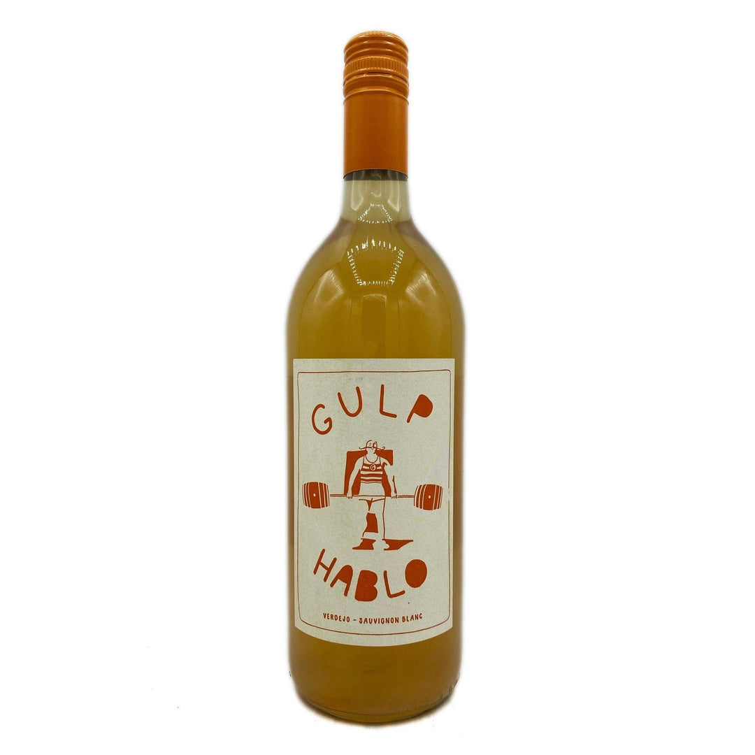 Orange Wine bottle with a label reading 'Gulp Hablo' on a white background