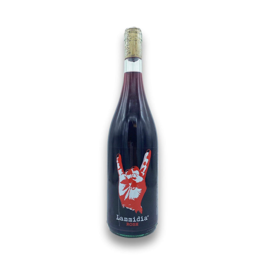 Wine bottle with a red label featuring a rock sign hand gesture on a white background