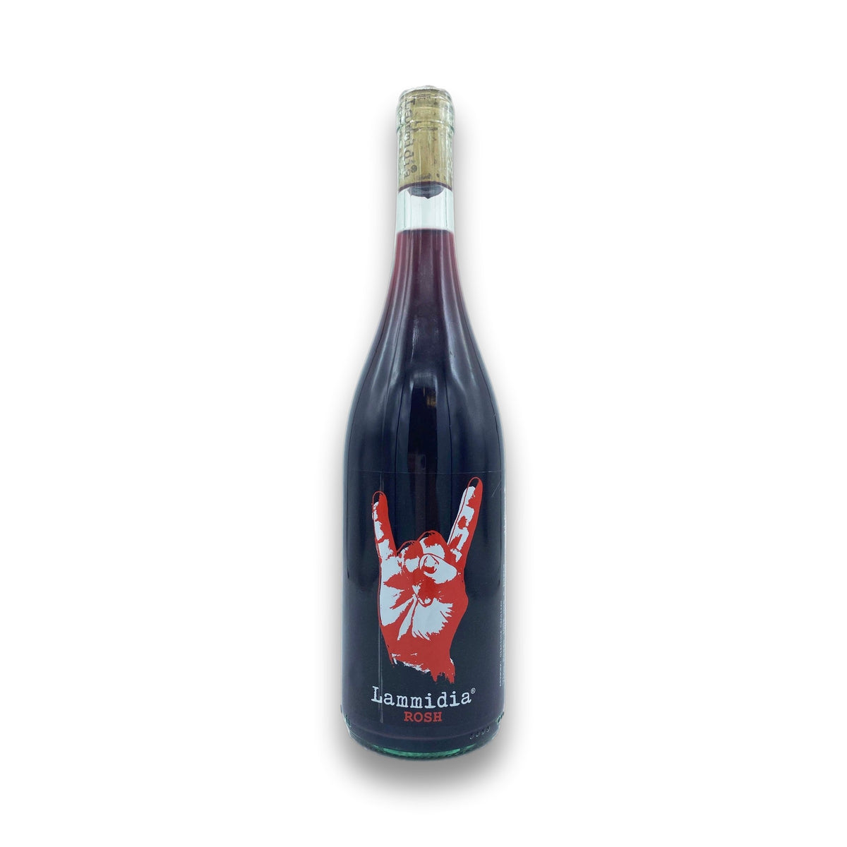 Wine bottle with a red label featuring a rock sign hand gesture on a white background
